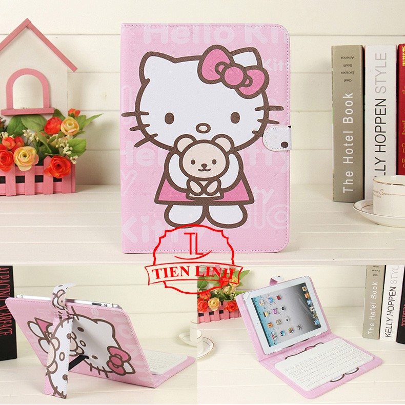 Combo bao da bàn phím + Chuột + Lót chuột cho điện thoại, máy tính bảng từ 4 đến 8 inch hình HELLOKITTY ÔM GẤU