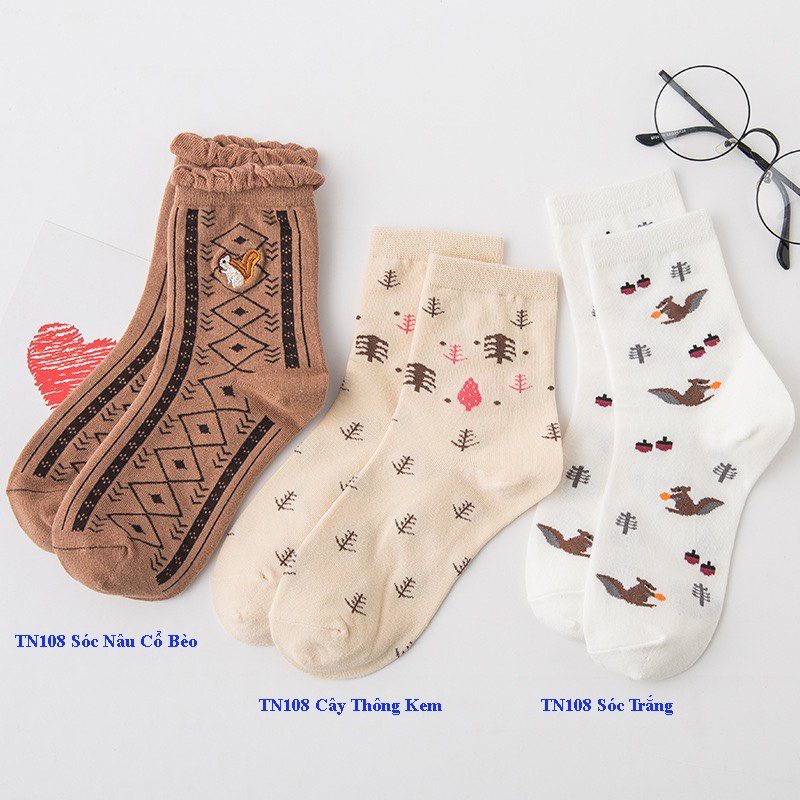 Vớ nữ Muzini tất cổ cao nâu tây họa tiết nhí cực dễ thương TN228