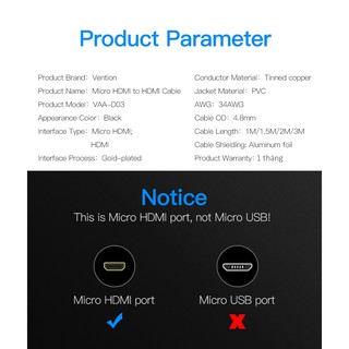[Micro HDMI ra HDMI] Cáp micro HDMI Vention VAA-D03 / AITB0