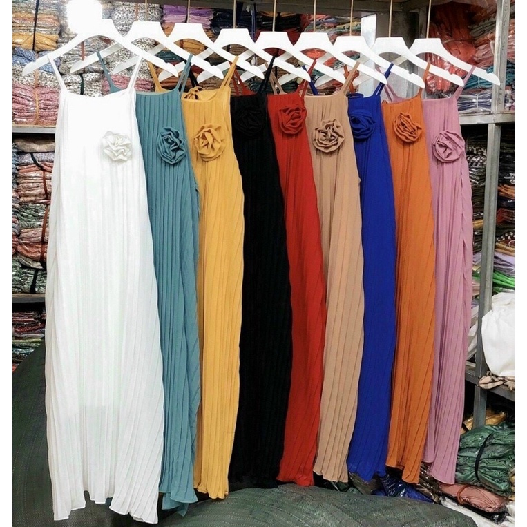 [Hàng đẹp]Đầm maxi dập ly 2 dây dáng suông kèm hoa trên ngực siêu cưng-hình thật. alohashop91