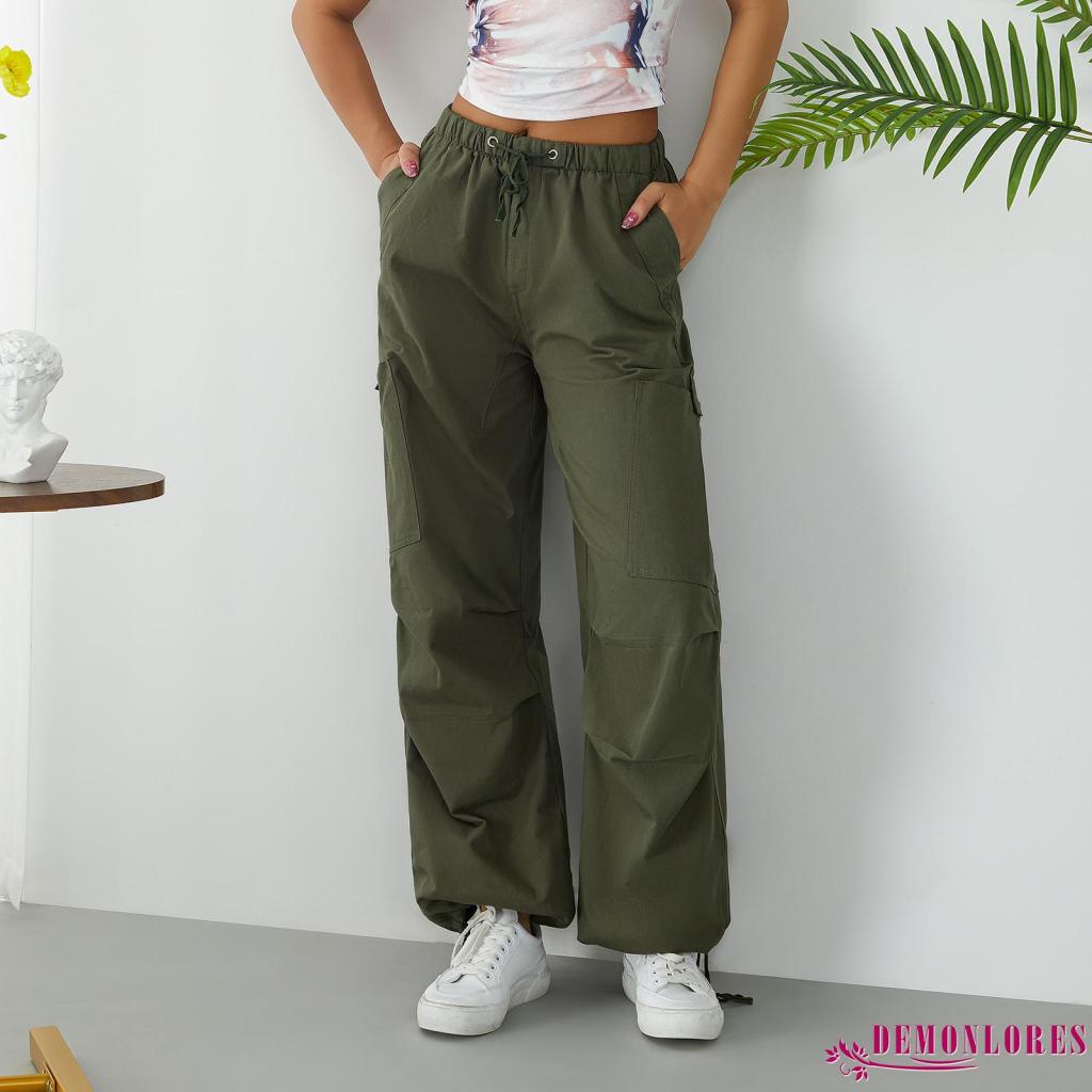 Demonlores Quần Dài Dây Rút Dáng Rộng Vừa Vặn Có Nhiều Túi Màu Trơn Cho Nữ