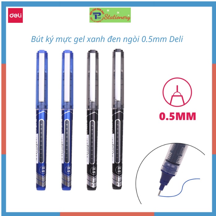 Bút gel ký mực xanh ngòi 0.5mm Deli nhanh khô nét viết đều đẹp thân bút trong suốt kiểm tra lượng mực 20230