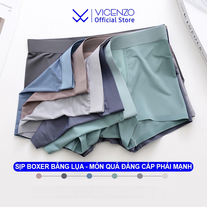 Quần Lót Boxer Nam Trơn Vải Lụa Băng Thun Lạnh Cao Cấp Vicenzo Mềm Mịn Thoáng Mát, Quần Sịp Đùi Boxer Nam Trơn