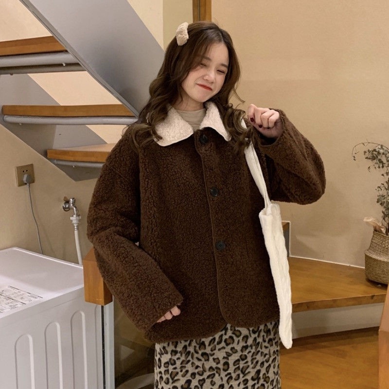 Áo Khoác Len Lông Cừu Tay Dài Cổ Búp Bê Màu Sắc Tương Phản Phong Cách Hàn Quốc Dành Cho Nữ