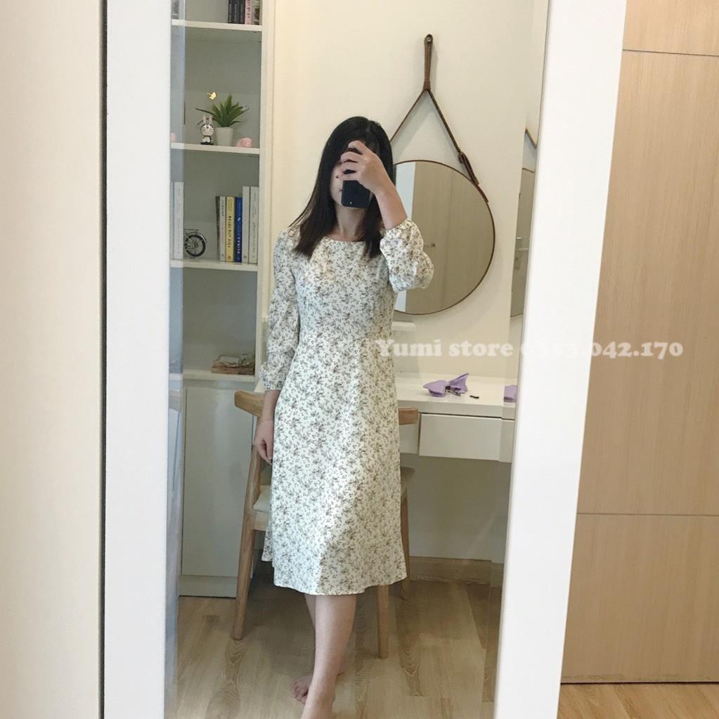 [hàng đẹp] Váy hoa nhí vintage dài tay cổ tròn màu trắng, váy suông hoa nhí chất voan lụa đẹp YUMI STORE | A434 💃 '