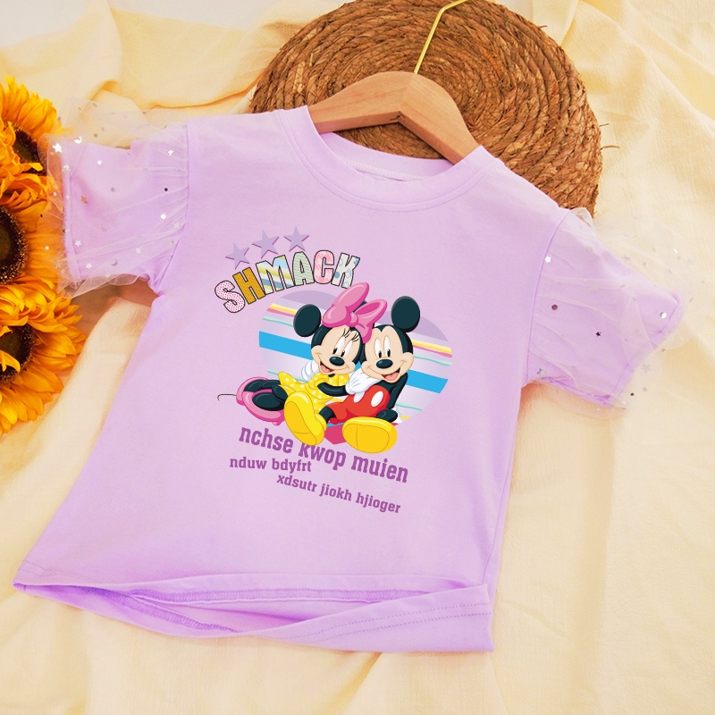 Áo Thun 100% Cotton Tay Ngắn In Hình Mickey Và Minne Dễ Thương Dành Cho Bé Gái