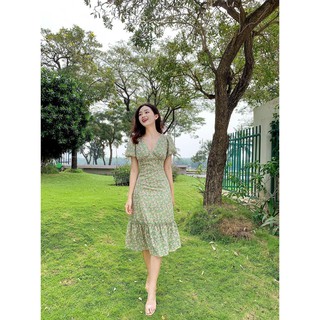 Đầm hoa nữ cổ V đuôi cá tay phồng