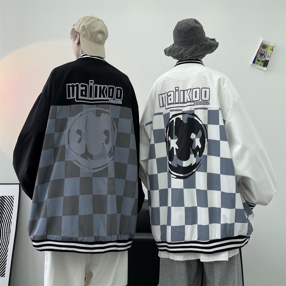 Áo Khoác Bóng Chày Unisex Dáng Rộng Họa Tiết Sọc Caro Phong Cách Hip Hop Thời Trang Cho Các Cặp Đôi