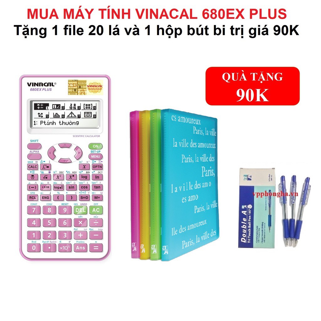 Máy tính Vinacal 680EX PLUS màu hồng - Tặng file lá và bút bi