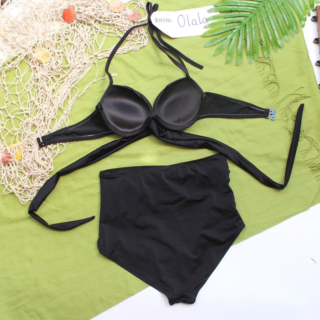 [ĐỒ BƠI CÓ SẴN] Bikini áo gọng chéo eo nâng ngực mix quần nhún đen lưng cao | BigBuy360 - bigbuy360.vn