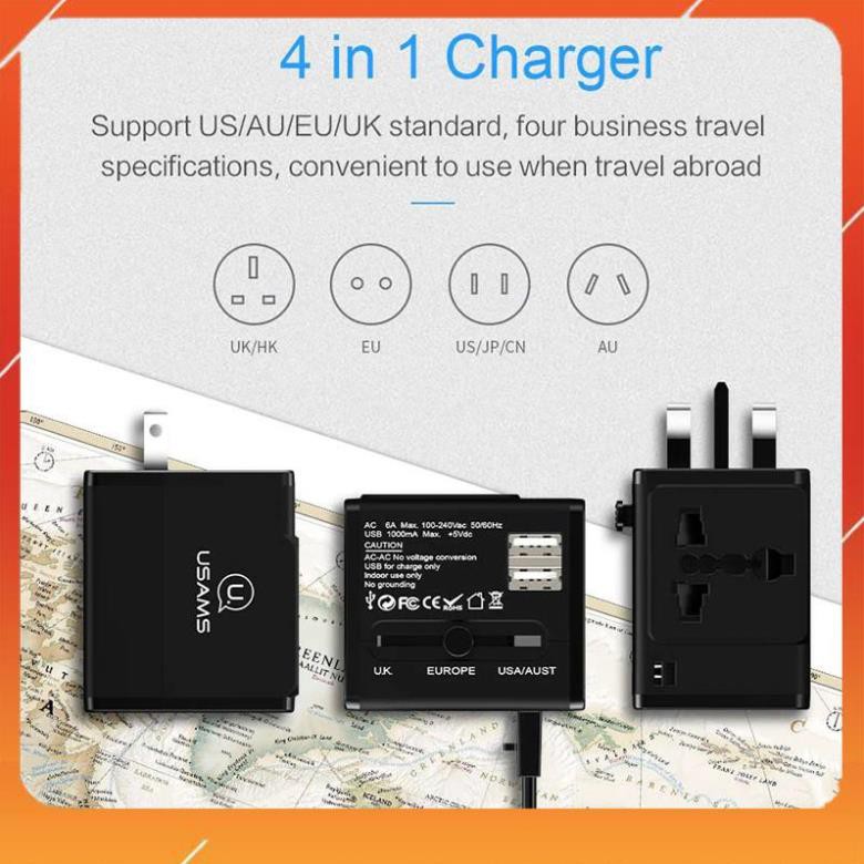 Adapter củ cóc sạc đa năng USAMS T2 TRAVEL hỗ trợ mọi ổ cắm mọi quốc gia trên thế giới - Hàng chính hãng