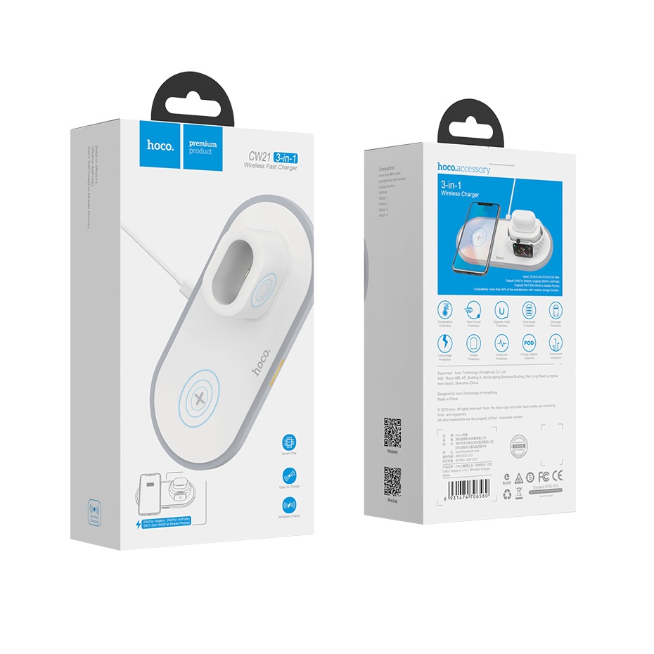 Đế sạc nhanh HOCO. CW21 Qi không dây 3 trong 1 10W thích hợp cho iPhone 11 Pro X XS Max XR 4 3 2 Samsung S10