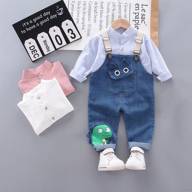 Set Áo Thun Tay Dài In Hình Khủng Long Và Quần Yếm 2 Dây Cho Bé Từ 0-4 Tuổi