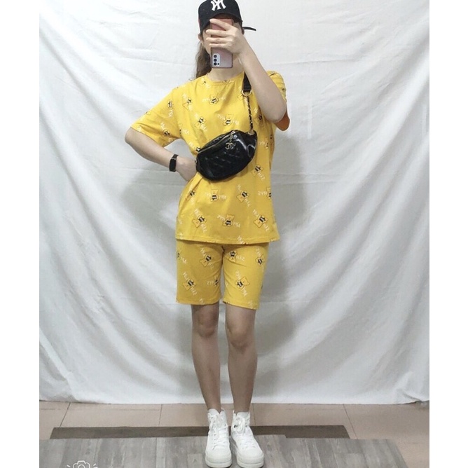 Bộ mặc nhà nữ chất cotton hình gấu kute áo cộc quần đùi ngố( Ảnh thật)
