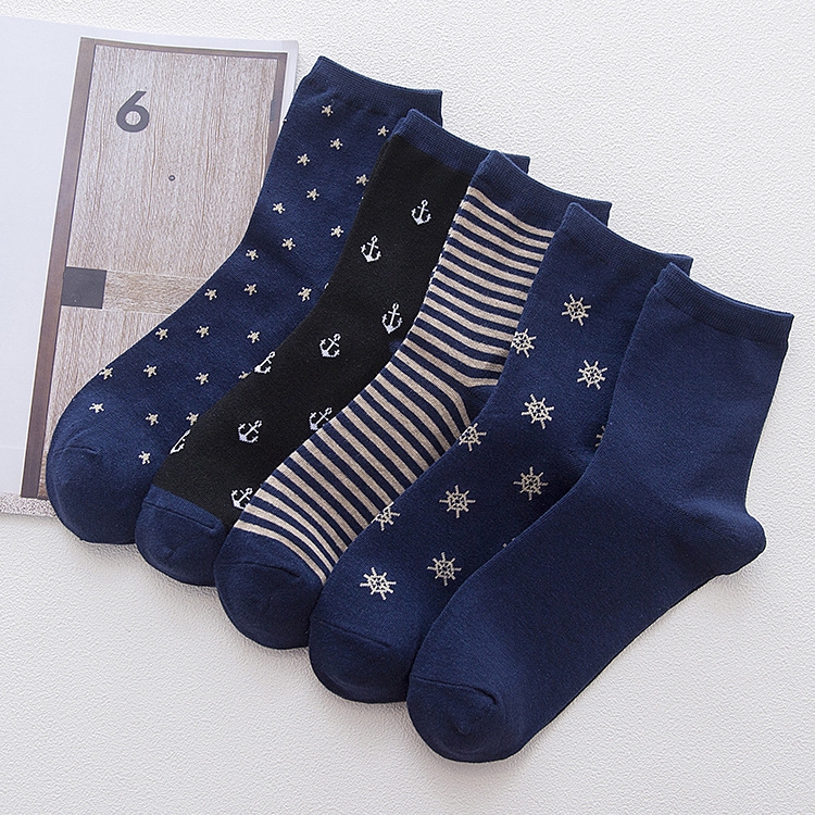 5 Đôi vớ cotton nam cổ cao màu xanh navy màu trơn kẻ sọc thời trang mùa xuân