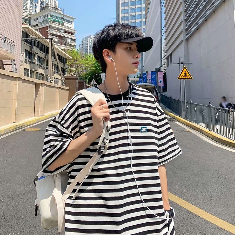 Áo Thun Tay Ngắn Dáng Rộng Họa Tiết Kẻ Sọc Phong Cách Vintage Thời Trang Hàn Quốc Cho Nam Size M-4Xl