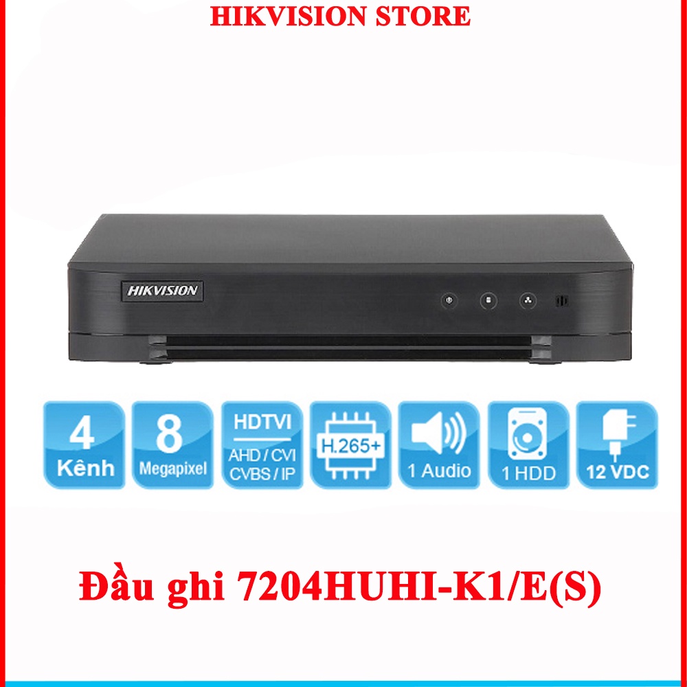 Đầu ghi Hikvision 5Mp 4 kênh 7204HUHI-K1/E(S) chất lượng hình ảnh 2K+ hỗ trợ camera có mic thu âm BH 12 tháng