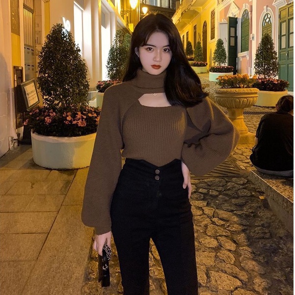Set áo len tăm cổ lọ 2 món thời trang nữ - Combo áo len 3 lỗ cổ vuông kèm cardigan cổ lọ croptop tiểu thư - Chất len tăm