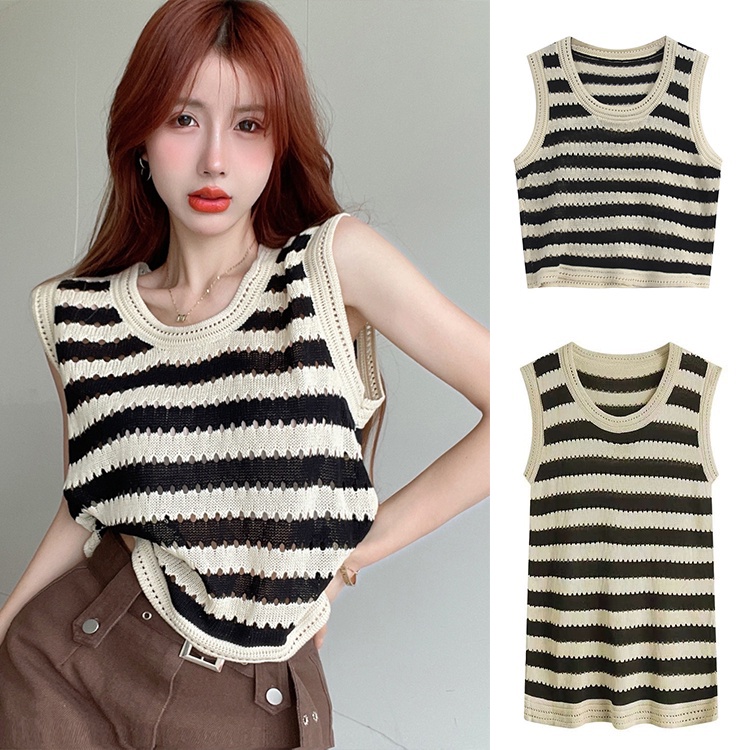Porozi  Áo dệt kim không tay/ đầm  dáng rộng họa tiết kẻ sọc thời trang Hàn Quốc cho nữ