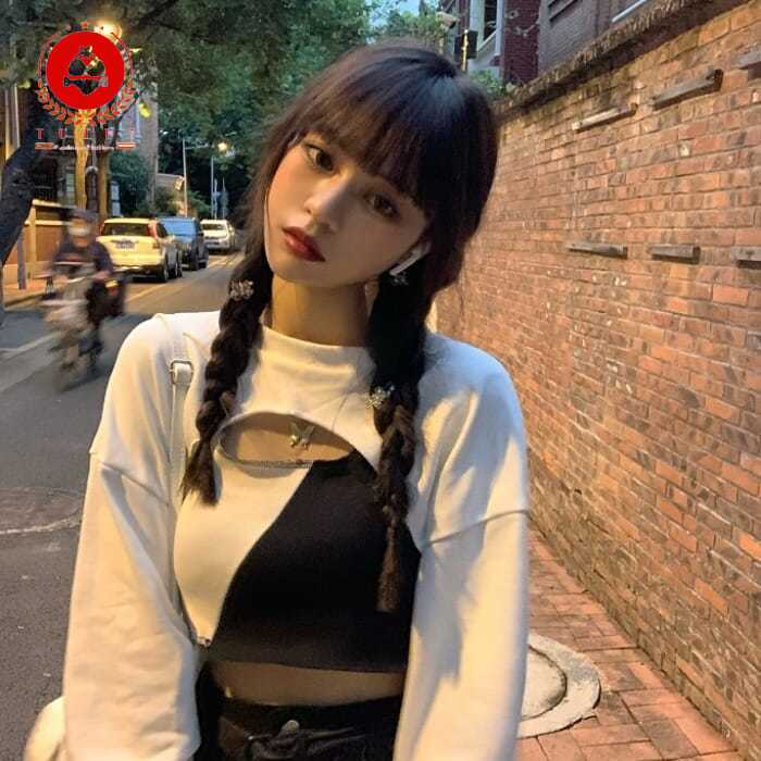 Bộ Áo Sweater Dáng Ngắn Phối Màu Tương Phản + Áo Vest Thời Trang Cá Tính Cho Nữ