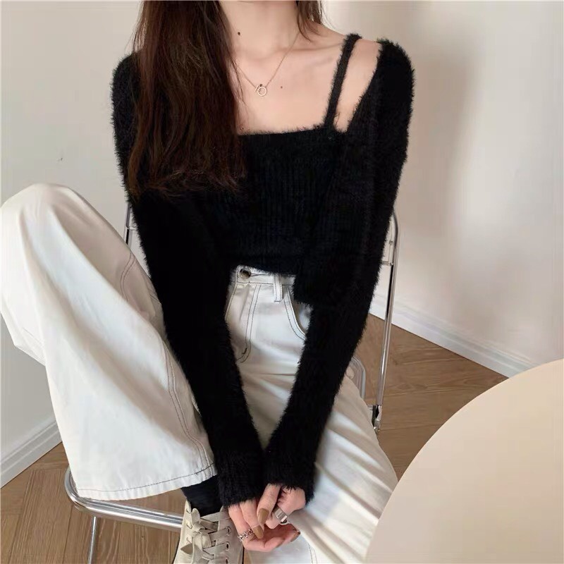 [Ảnh thât] Sét áo cardigan khoác ngoài và áo dây A21, áo khoác cardigan len lông mềm mại 3 màu xanh, hồng, trắng