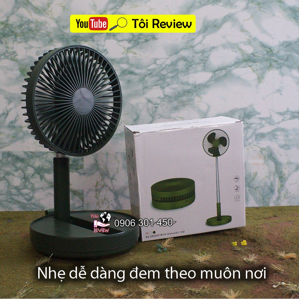 Đánh giá quạt sạc để bàn xếp gọn, Chiều cao tối đa 70cm. Sử dụng liên tục 6 giờ, 3 cấp độ gió