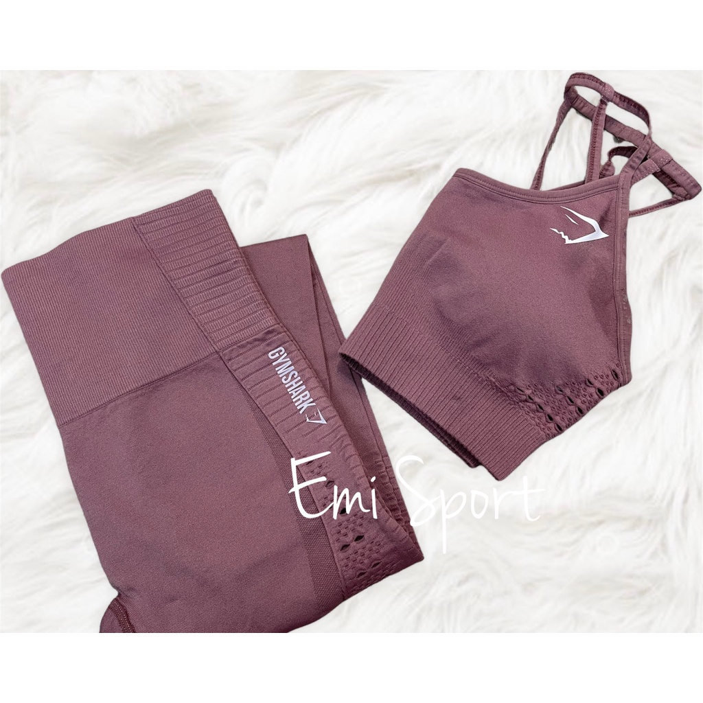 Bộ đồ tập GYM SHRK. Áo sport bra dây + quần lưng cao. Logo in