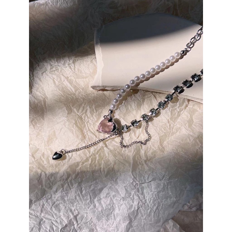 Vòng cổ Mặt Trái Tim Đính Đá zircon Hồng Thời Trang Cho Nữ