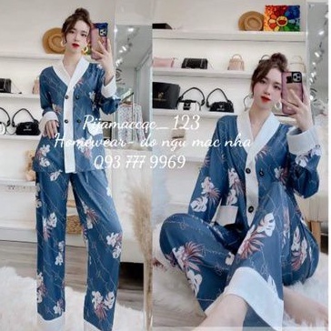 Pijama lụa dài tay giả vest hoa trắng rơi nền xanh cao cấp Quảng Châu mẫu 012