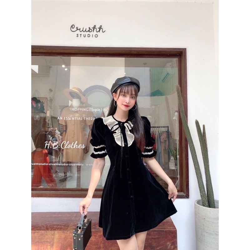 [Mã FAGREEN1505 giảm tới 30K đơn 99K] Đầm xòe nữ chất liệu nhung cổ phối dập ly, dễ thương sang trọng XUONGMAYHB