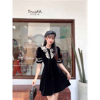 Đầm xòe nữ chất liệu nhung cổ phối dập ly, dễ thương sang trọng XUONGMAYHB