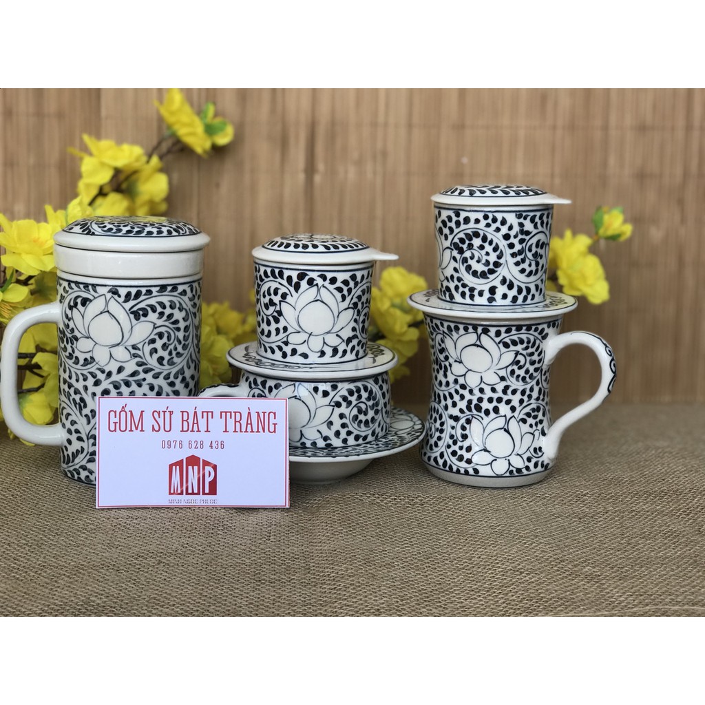 Bộ 3 cốc lọc trà- Cafe phin- cafe sữa Sứ Bát Tràng Hoa sen