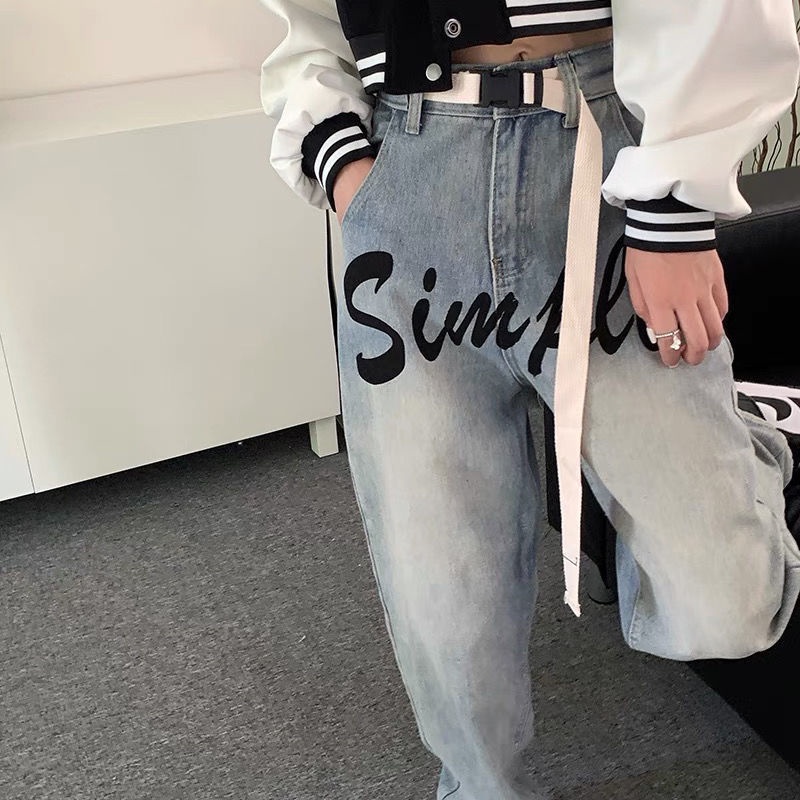 Jiashucheng Quần Jean Dài Lưng Cao Ống Rộng In Họa Tiết Thời Trang Hàn Quốc Cá Tính Cho Nữ