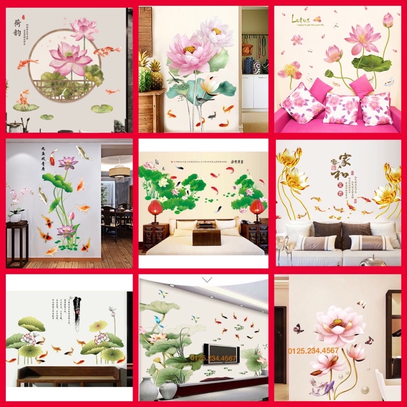 {SIÊU_HOT} HOA SEN 3D CÁC MẪU DECAL TRANG TRÍ DÁN TƯỜNG HOA SEN