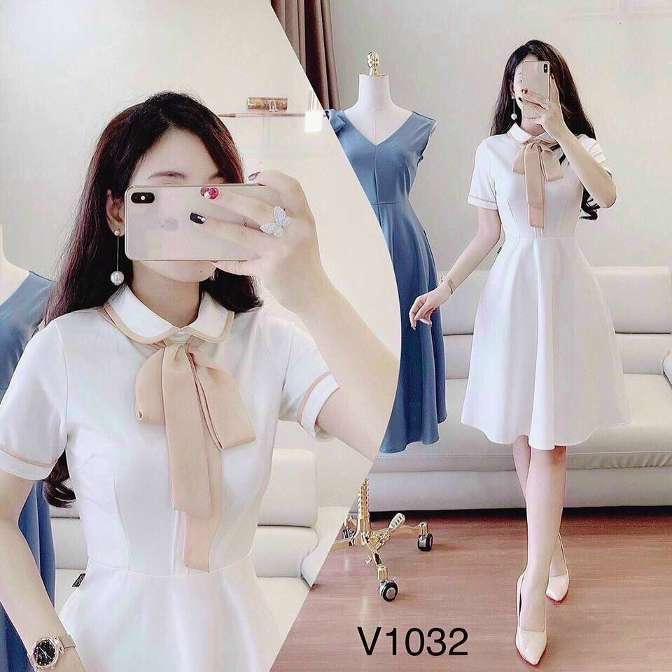 Đầm tiểu thư phối nơ cổ dễ thương thời trang nữ