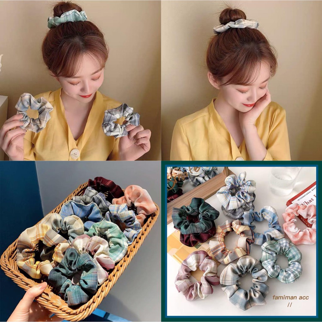 Dây buộc tóc vintage hàn quốc vải crunchies hoạ tiết caro sắc màu