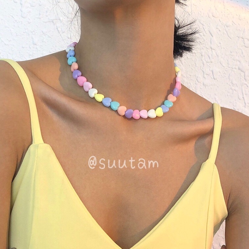 Vòng cổ hạt trái tim nhiều màu pastel phong cách lấp lánh rực rỡ xinh hàn quốc