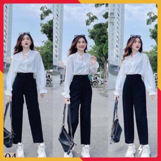 Quần baggy cúc lệch cạp cao - quần baggy vải tuyết mưa siêu tôn dáng
