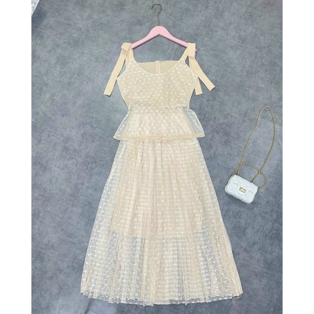 Set áo ren + chân váy dập li dày dặn sang chảnh kèm ảnh thật