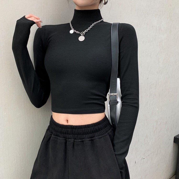 Áo Cổ Lọ Dài Tay Dáng Croptop MIMILA Áo Thun Co Giãn Cổ Cao 6 Phân Giữ Ấm Tốt - MA010