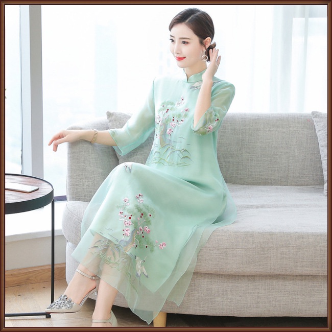 Đầm Chữ A Tay Lửng Dáng Rộng Thêu Họa Tiết Dân Tộc Trung Hoa Thời Trang Mùa Hè Cho Nữ