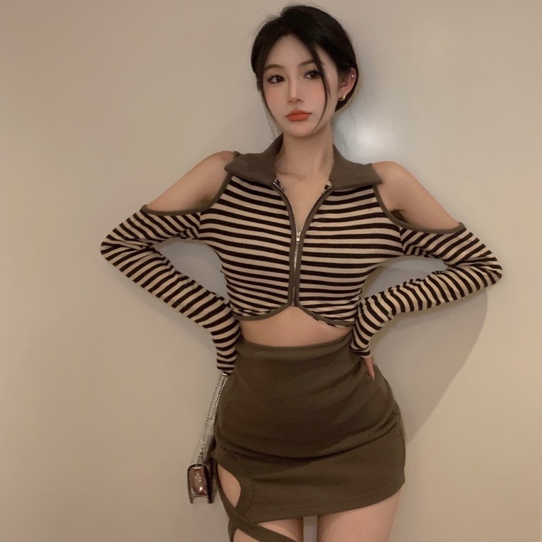 Áo kiểu croptop ZHELIHANGFEI dệt kim tay dài cổ polo phối khóa kéo thiết kế hở vai quyến rũ thời trang