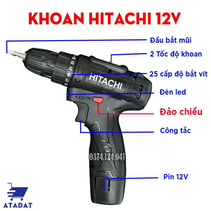 Máy khoan pin Hitachi 12V - Khoan 2 cấp tốc độ, Lõi đồng - Máy Khoan dùng pin, Máy bắt vít 12V, Đảo chều