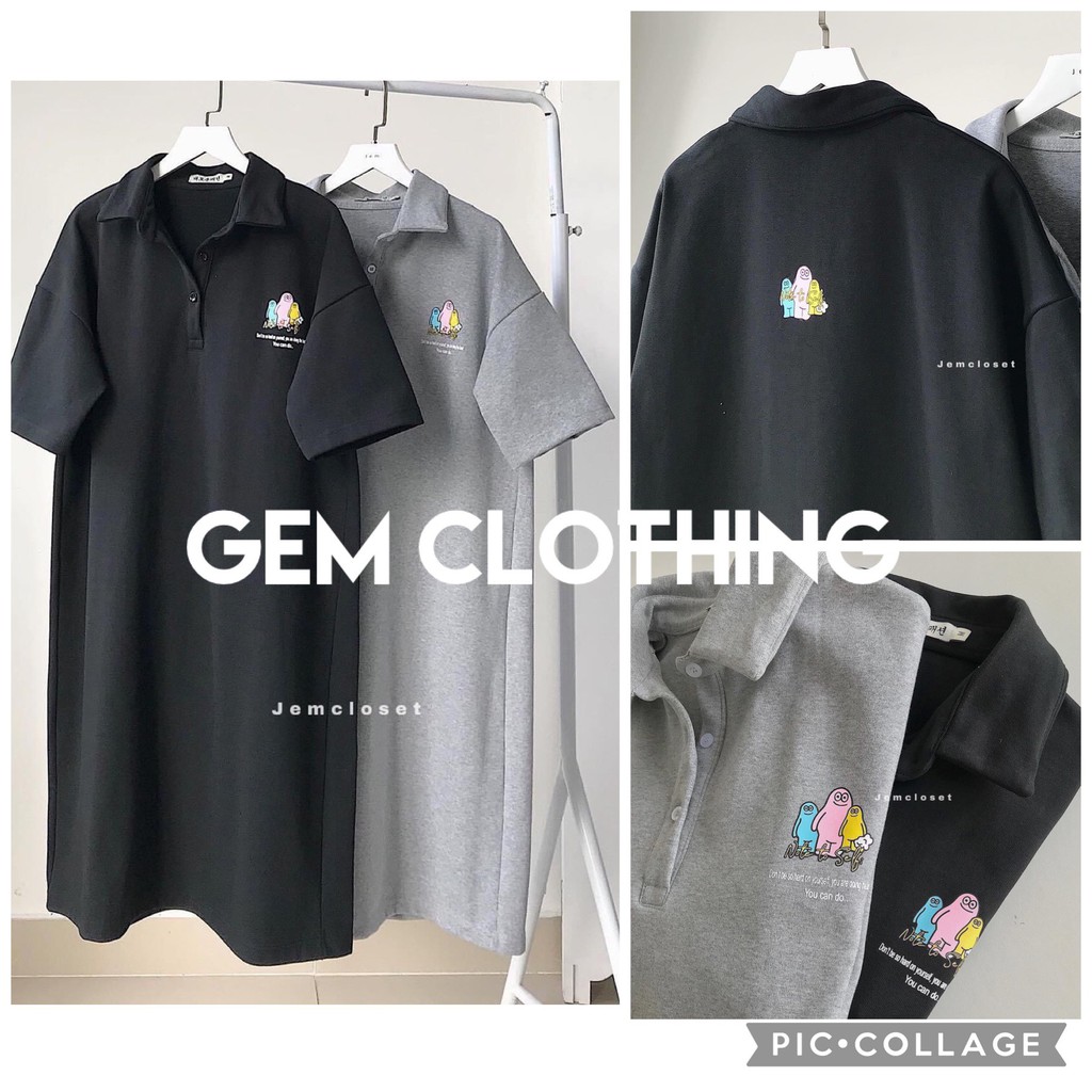 Đầm Polo Nữ suông Cộc Tay Cổ Bẻ Dáng Xuông Siêu Xinh🦋 Váy Nữ Cộc Tay Ullzang In Logo Hai Màu Đen Xám sale freeship