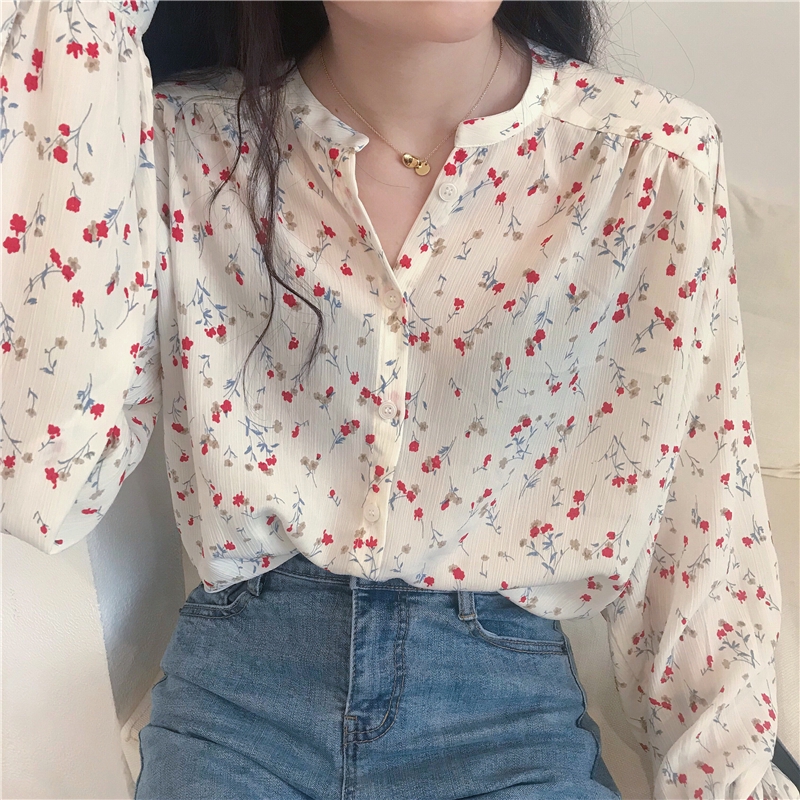 Women  Chiffon Long Sleeve Shirt Small Floral Retro Fresh Gentle Top | BigBuy360 - bigbuy360.vn