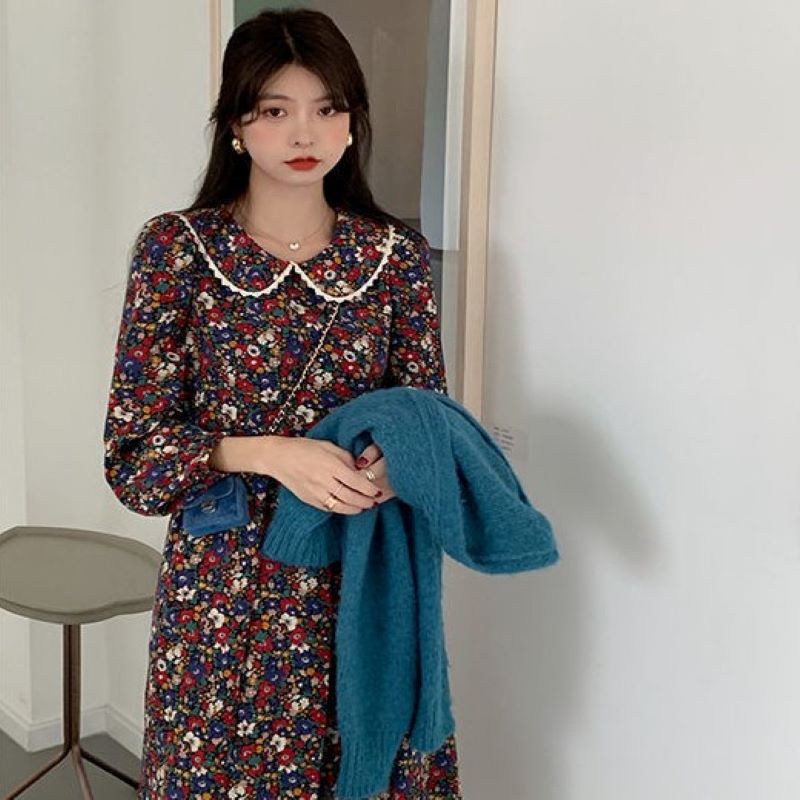Đầm dài cổ búp bê họa tiết hoa phong cách retro cho nữ