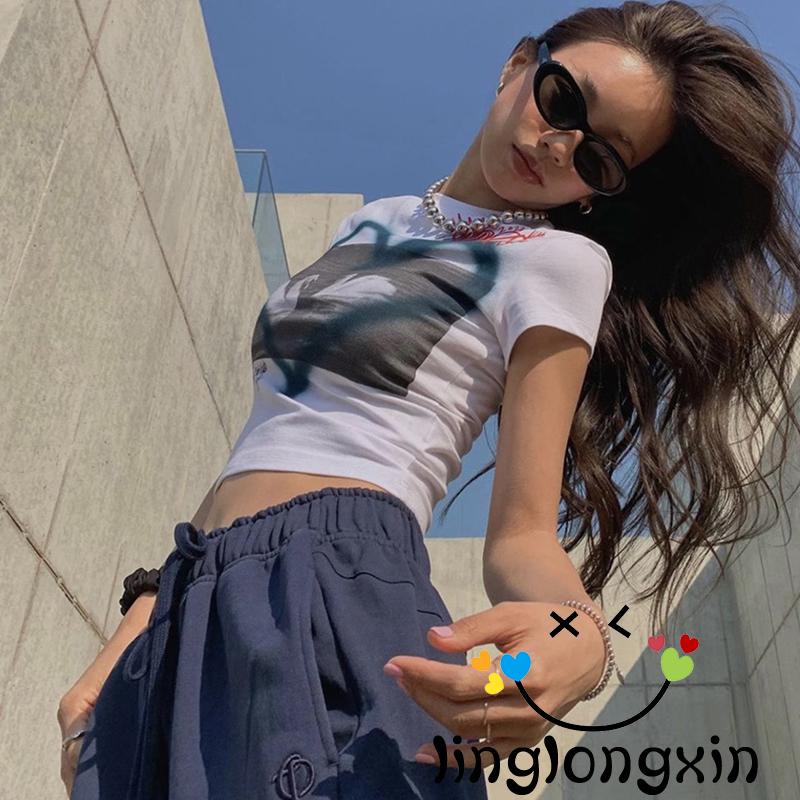 Áo Thun Crop Top Tay Ngắn Cổ Tròn In Hình Thiên Nga / Trái Tim Thời Trang Mùa Hè Cho Nữ Linglongxi2