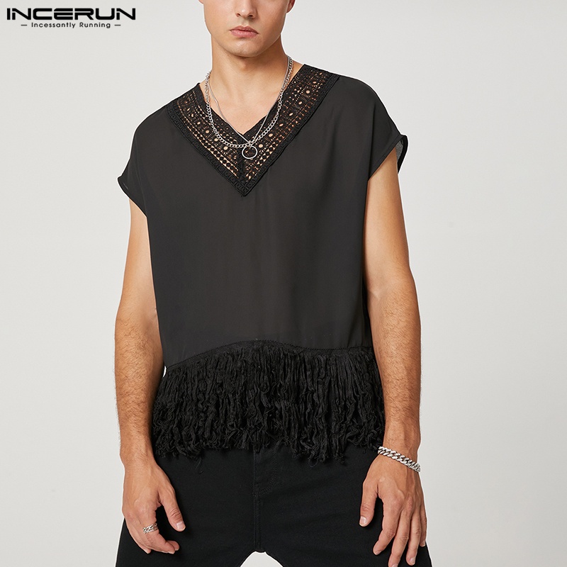 INCERUN Áo Thun Ba Lỗ Cổ Chữ V Phối Tua Rua Xuyên Thấu Phong Cách Vintage Cho Nam