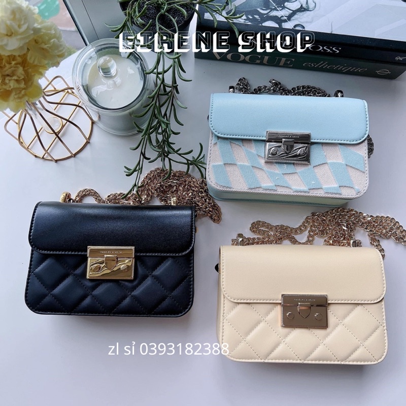 Túi xách cnk dây đeo kim loại khoá bấm hai đinh phủ chần bông Metallic Push-lock chain bag