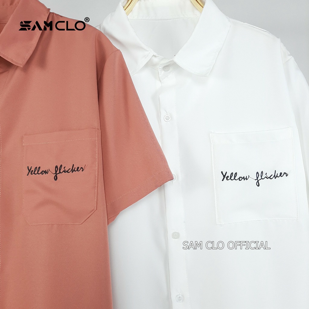 Áo sơ mi nữ cổ bẻ tay lỡ có túi phong cách ulzzang freesize form rộng dáng unisex chữ THÊU yellow flicker